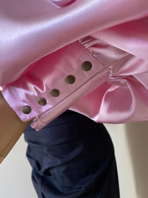 Formal Baby pink Satin Blouse with Victorian Collar, Bow Tie and Puffy sleeves