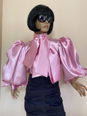 Formal Baby pink Satin Blouse with Victorian Collar, Bow Tie and Puffy sleeves