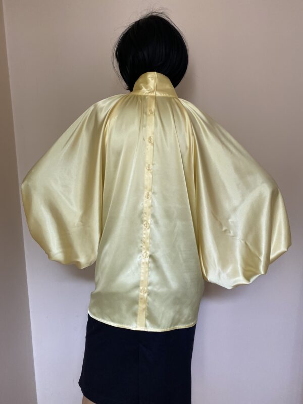 Yellow satin blouse with high neck ,bow and puffy sleeves